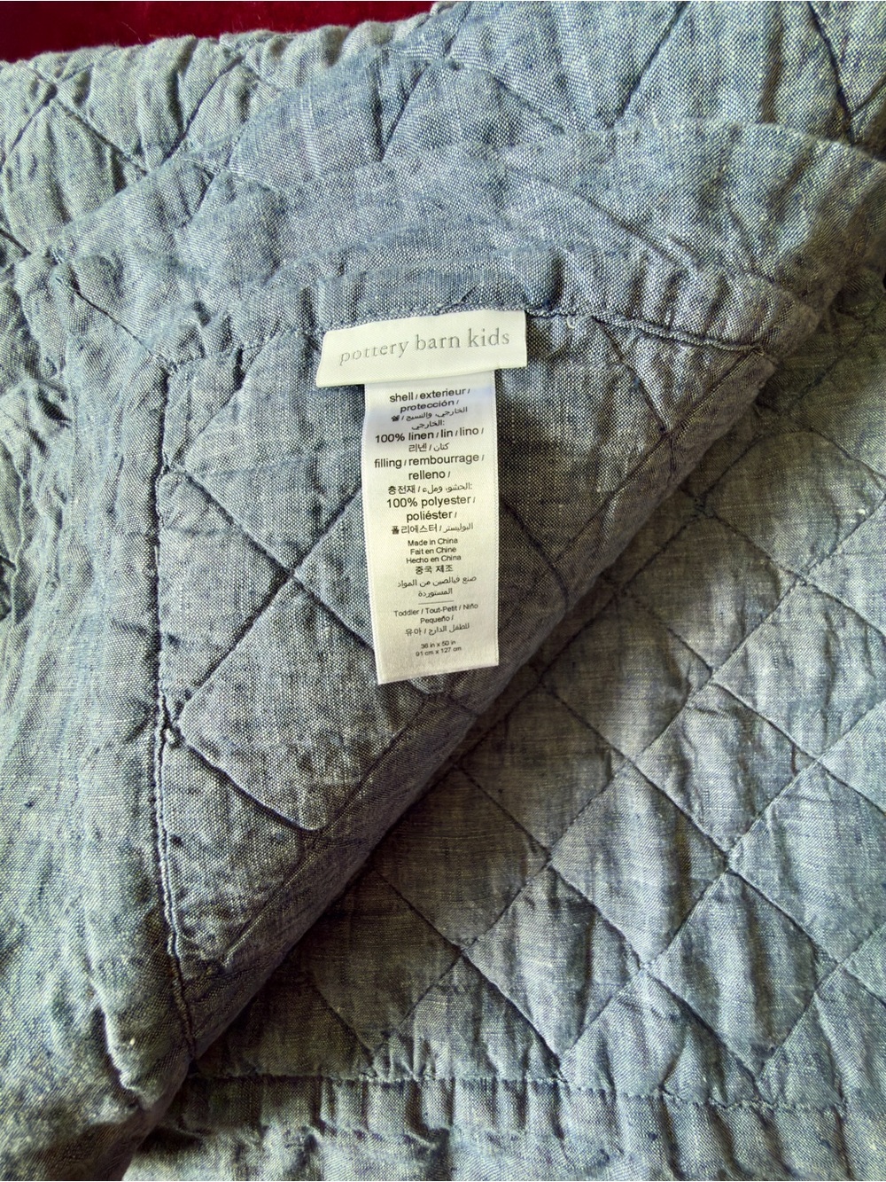 Pottery Barn Kids Belgian Flax Linen Diamond Toddler Quilt 38by50 Blue Gray